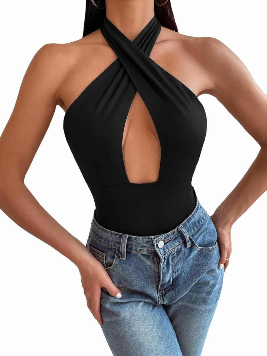 OYOANGLE Women's Backless Halter Bodysuit - Criss Cross Tie, Sleeveless, Slim Fit, Solid Color Stretchable Jumpsuit for Women