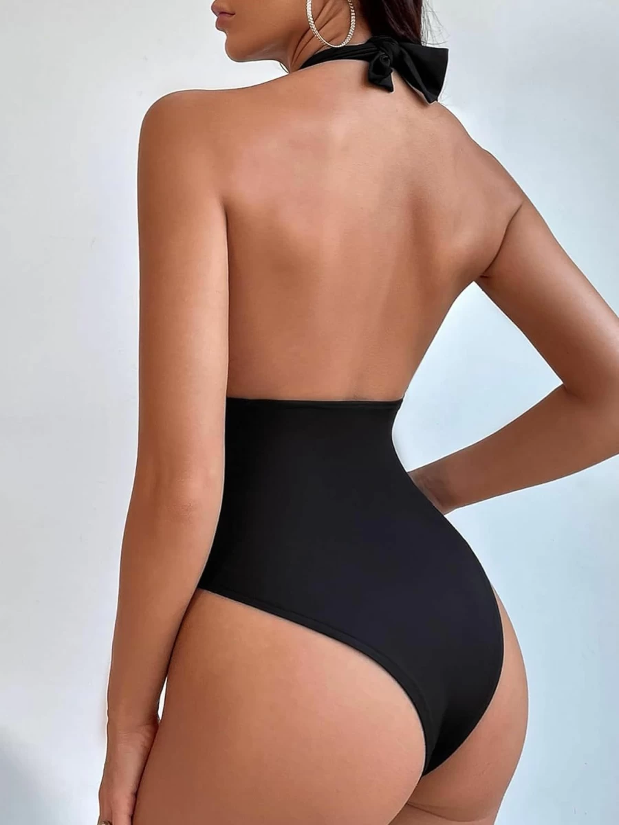 OYOANGLE Women's Backless Halter Bodysuit - Criss Cross Tie, Sleeveless, Slim Fit, Solid Color Stretchable Jumpsuit for Women