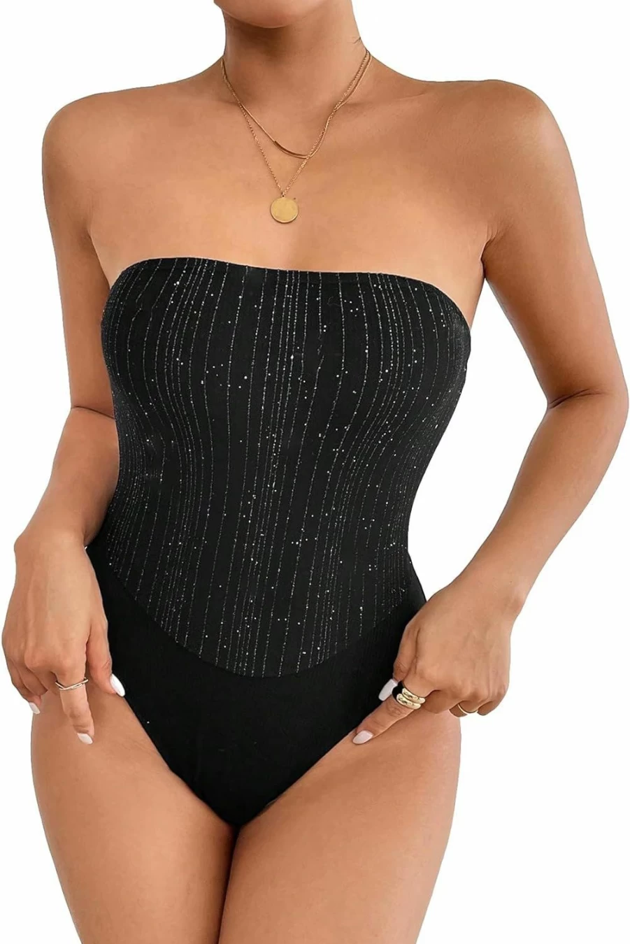 WDIRARA Women's Sequin Strapless Jumpsuit Sleeveless Glitter Bodysuit Party Top
