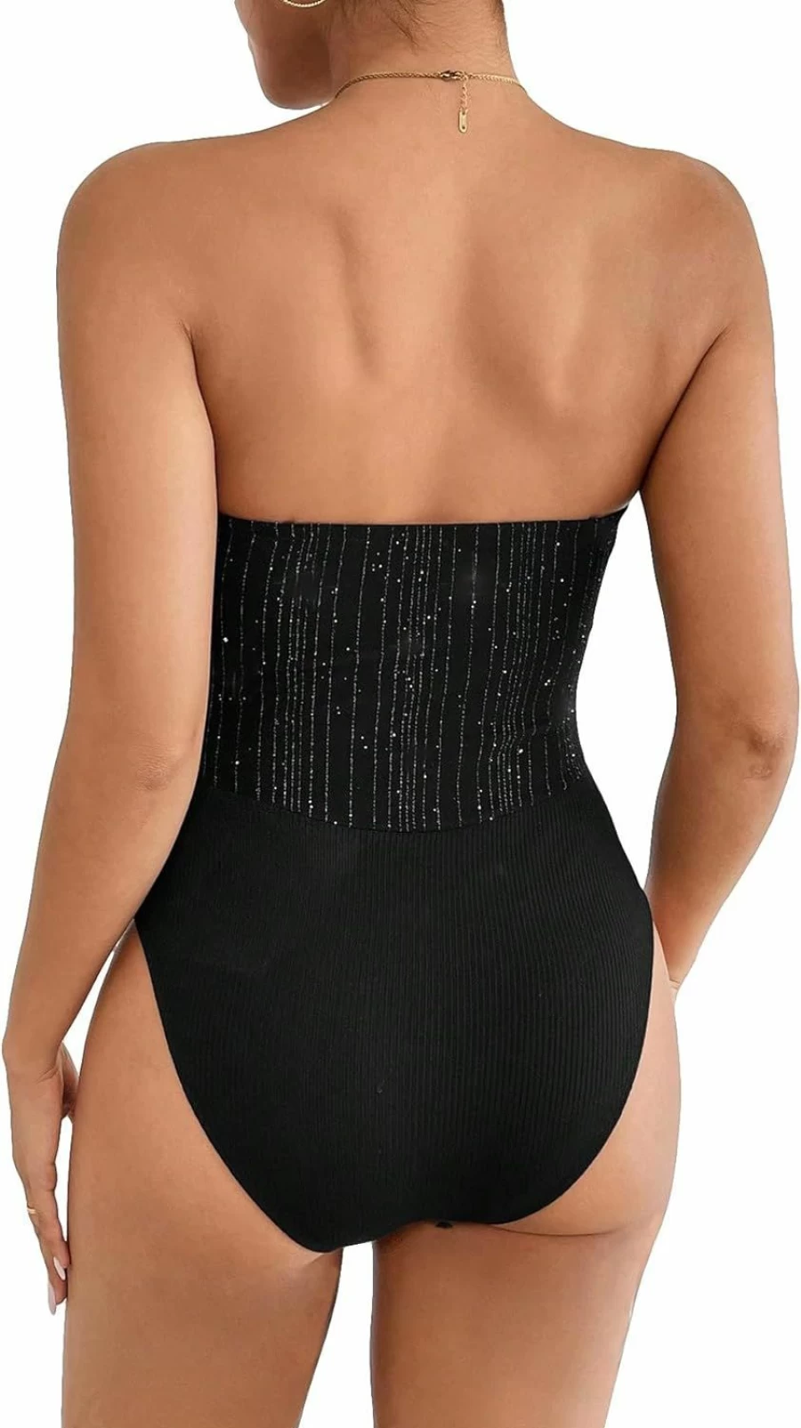 WDIRARA Women's Sequin Strapless Jumpsuit Sleeveless Glitter Bodysuit Party Top