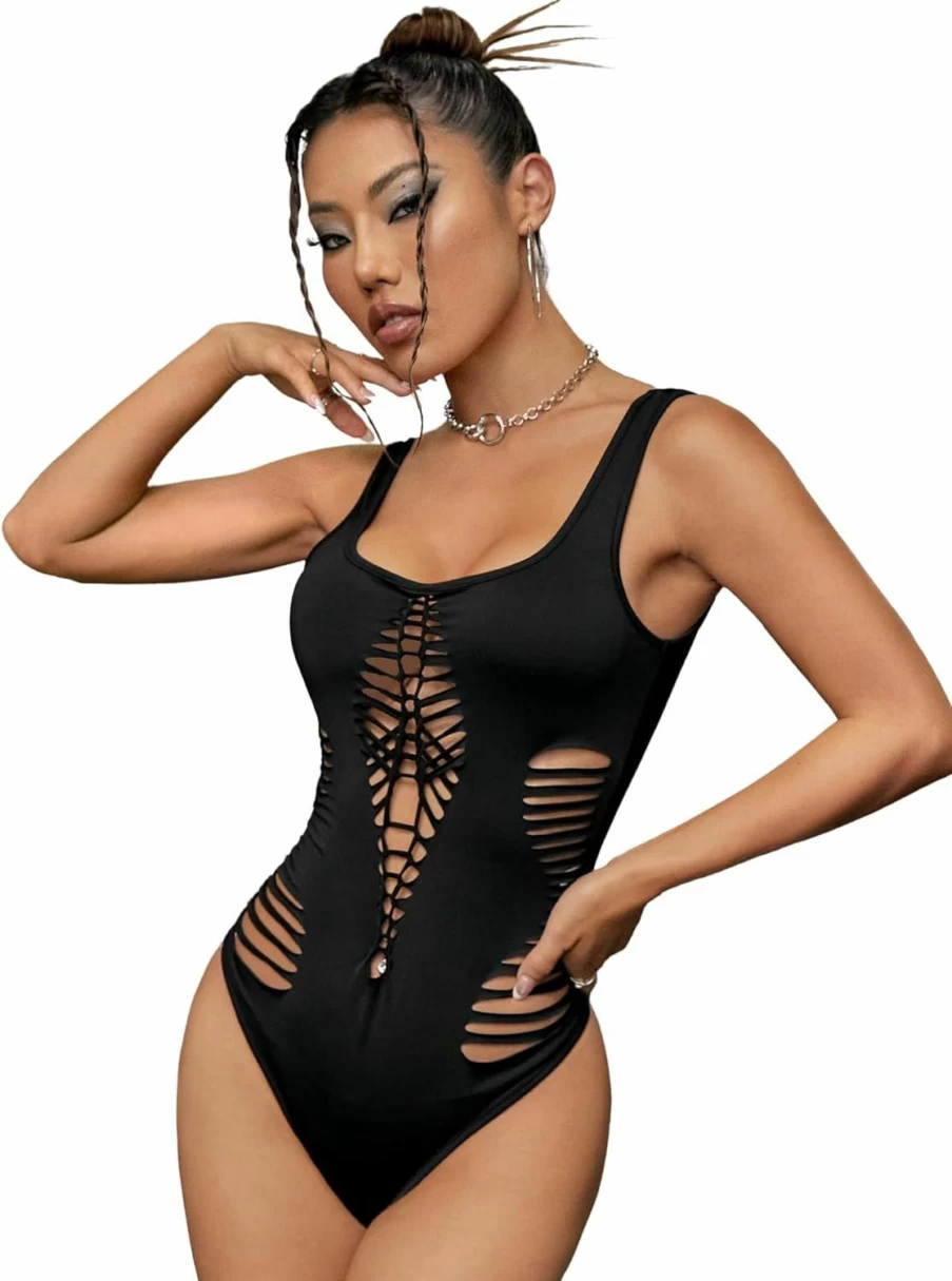 WDIRARA Women's Tummy Control Bodysuit - Sleeveless Square Neck Cut Out One Piece Tank