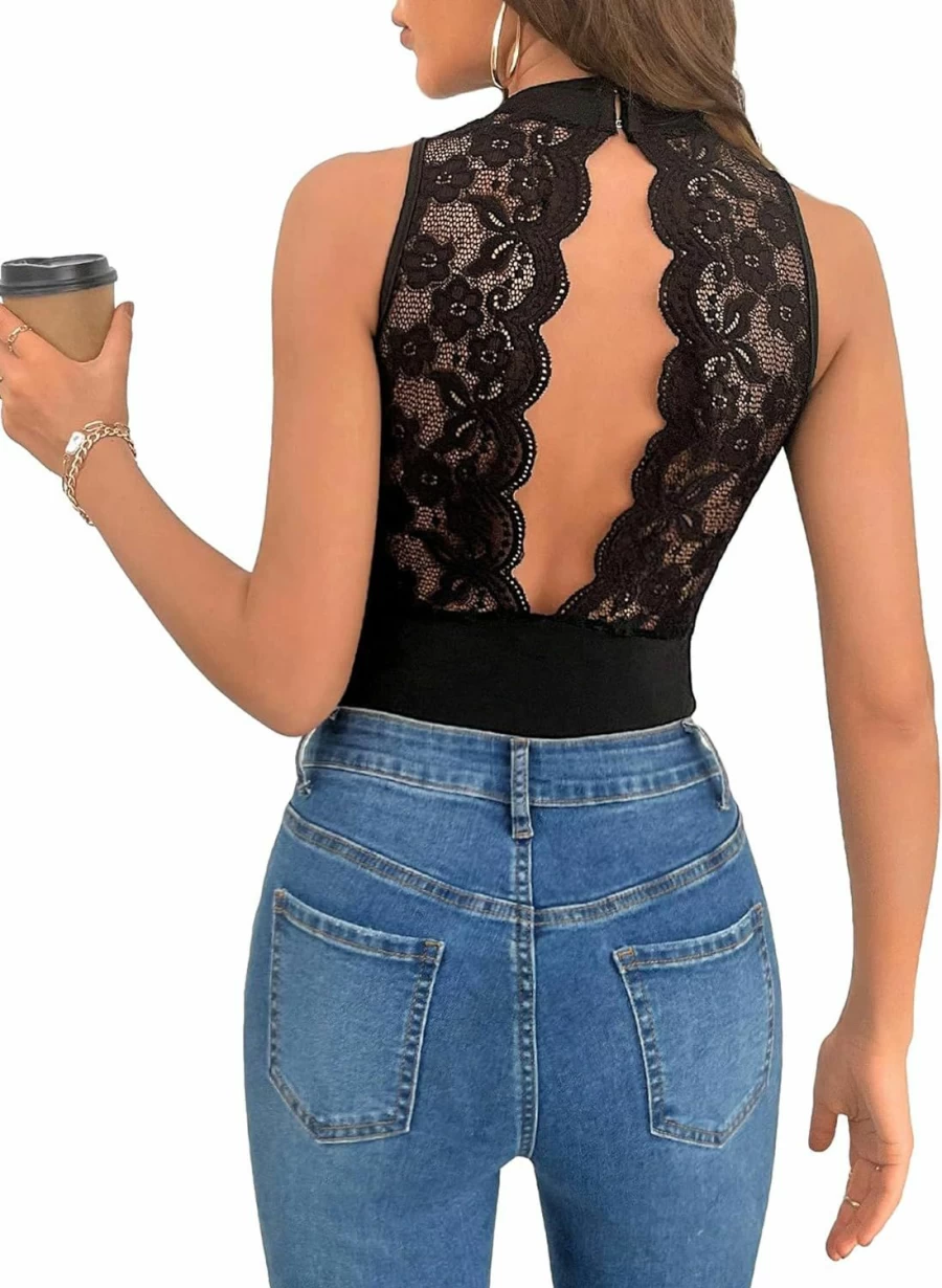 Milumia Women's Sexy Ribbed Halter Bodysuit - Backless Lace Detail Sleeveless Tops for Women