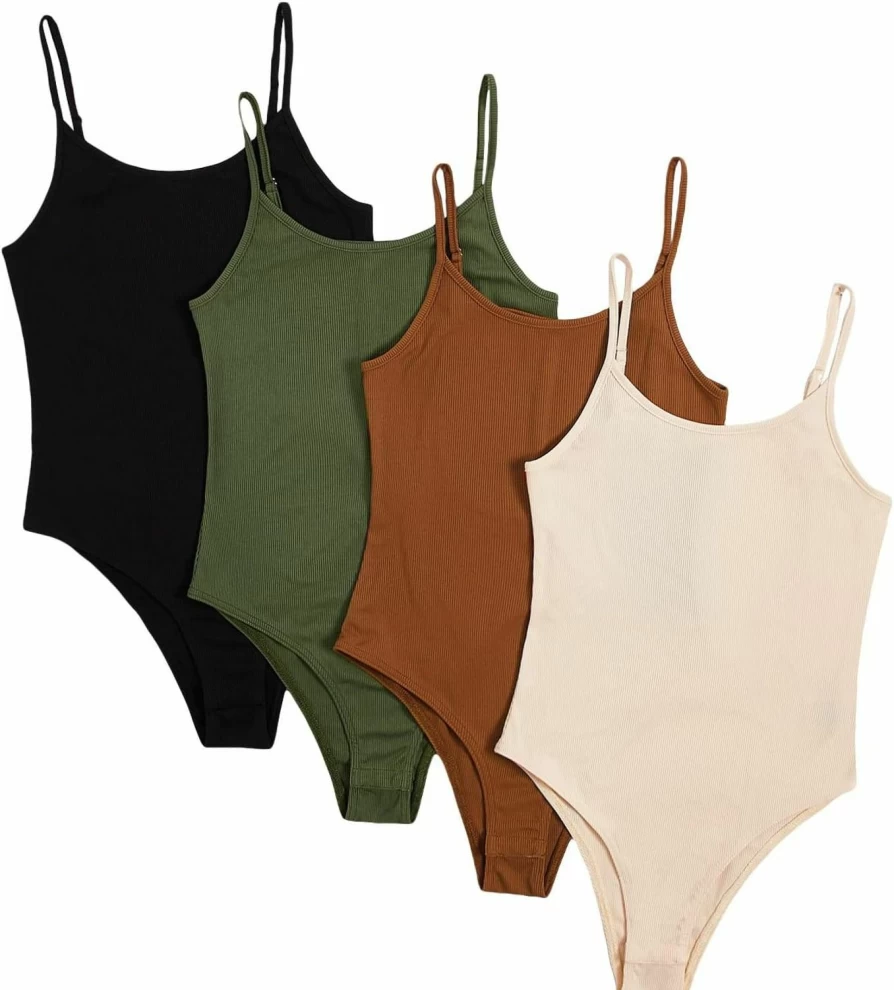 GORGLITTER Women's Ribbed Bodysuit 4-Pack - Sleeveless Tank Top Set for Casual Wear