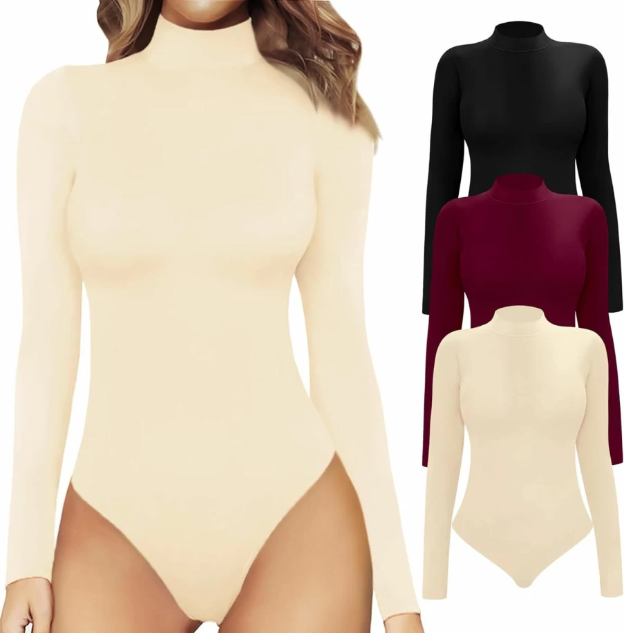 MANGOPOP Women's Mock Neck Long Sleeve Bodysuit - Stretchable Jumpsuit for Casual Wear