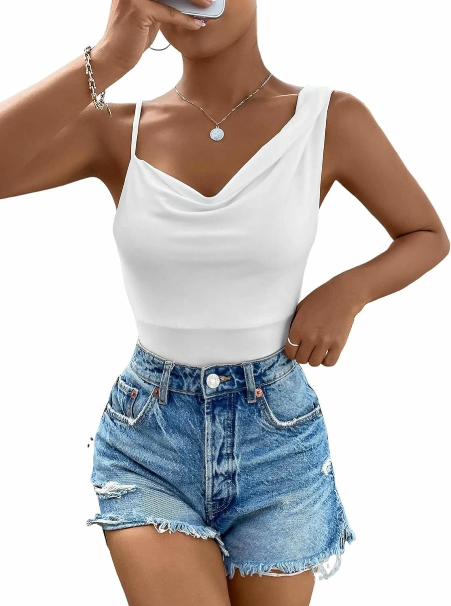 Milumia Women's Draped Cowl Neck Asymmetrical Strap Bodysuit - Sleeveless Cami Tank Top Jumpsuit Romper for Women