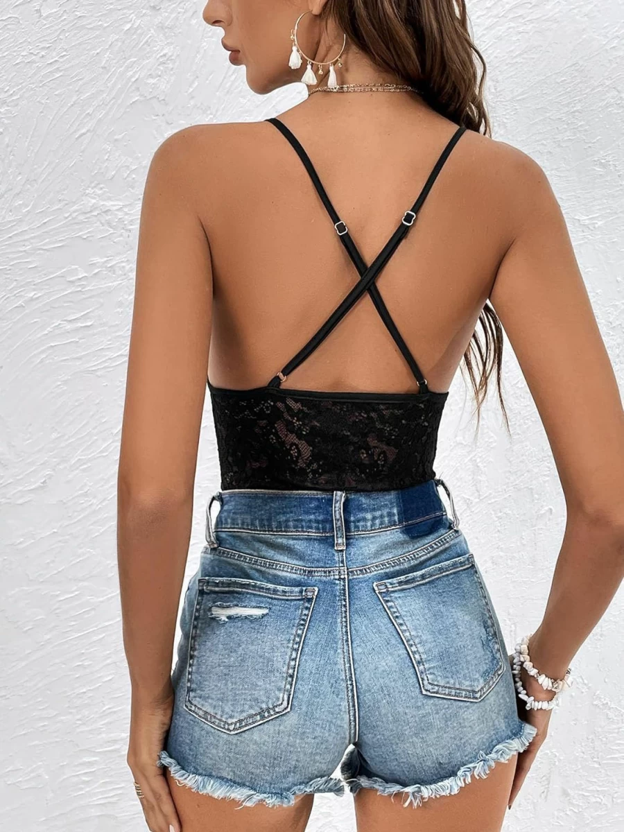 "SHENHE Women's Sexy Lace Cami Bodysuit - Sheer Criss Cross Backless Deep V Neck Spaghetti Strap Romper"