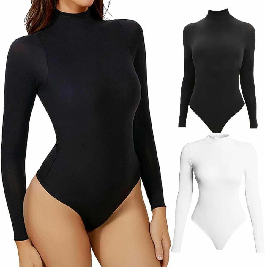 MiiDD Women's Long Sleeve Mock Turtleneck Bodysuit 2-Piece Set - Tummy Control Jumpsuit & T-Shirt