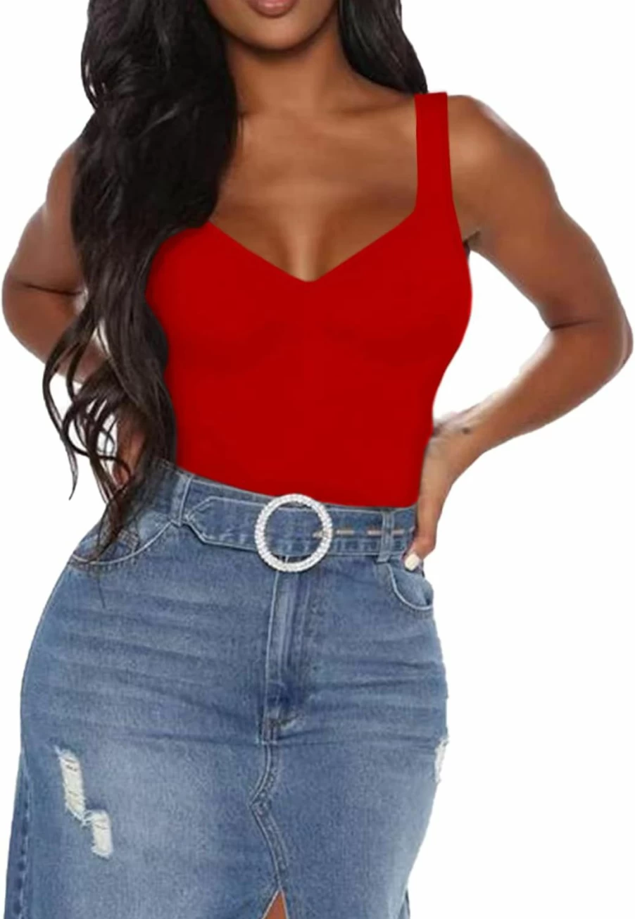 Bellelovin Women's Sleeveless Square Neck Tank Top Bodysuit - Sweetheart V-Neck Stretchy Summer T-Shirt