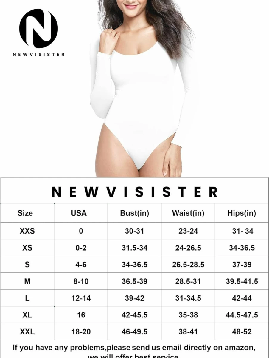 NEWVISISTER Women's Classic Scoop Neck Long Sleeve Bodysuit - Stretchy Comfort Fit T-Shirt Top for Everyday Wear