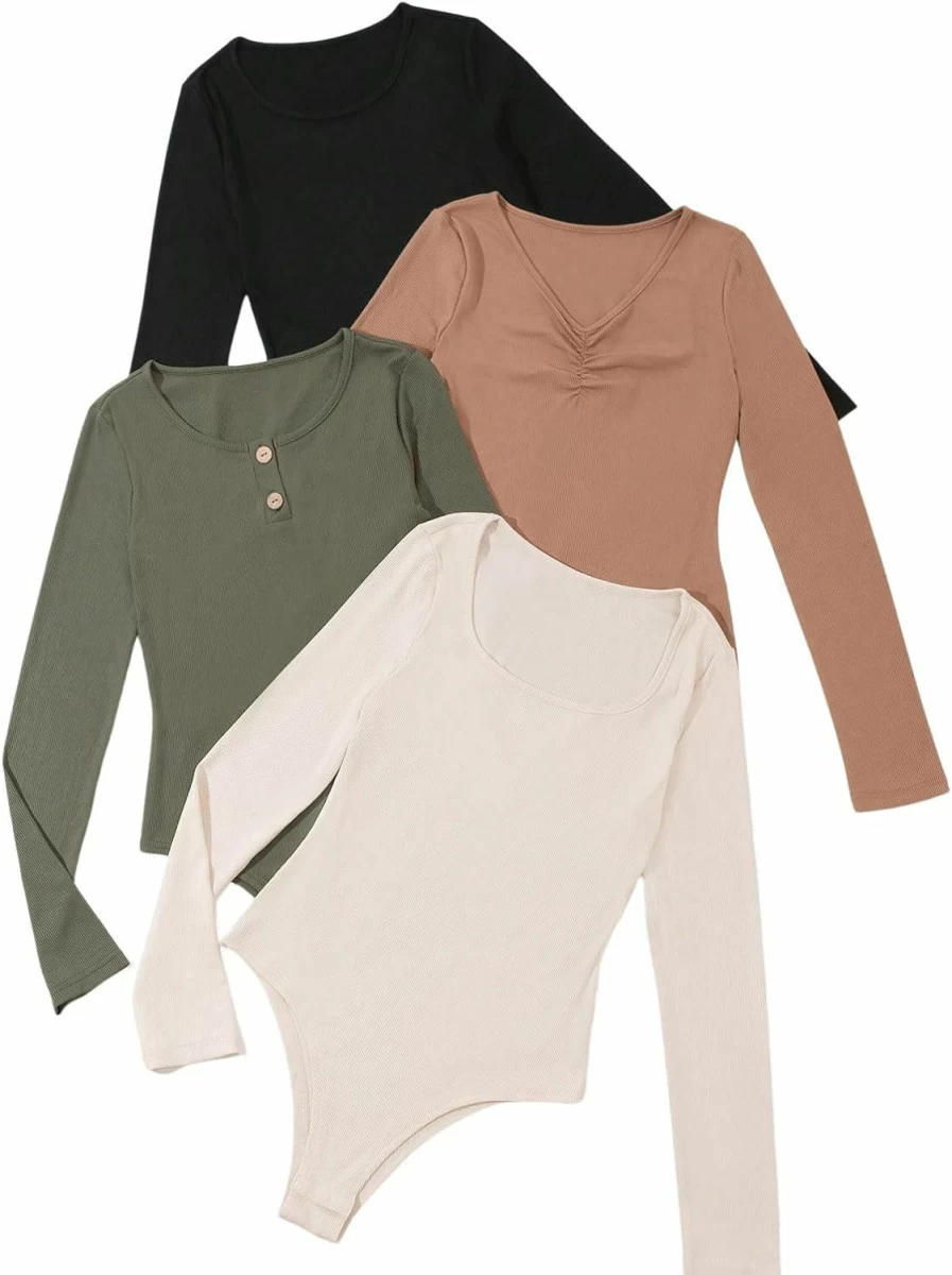 Floerns Women's 4-Pack Long Sleeve Rib-Knit Bodysuit Tops - Round Neck Stretch Jumpsuit Shirts