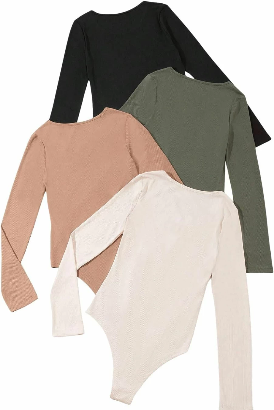 Floerns Women's 4-Pack Long Sleeve Rib-Knit Bodysuit Tops - Round Neck Stretch Jumpsuit Shirts