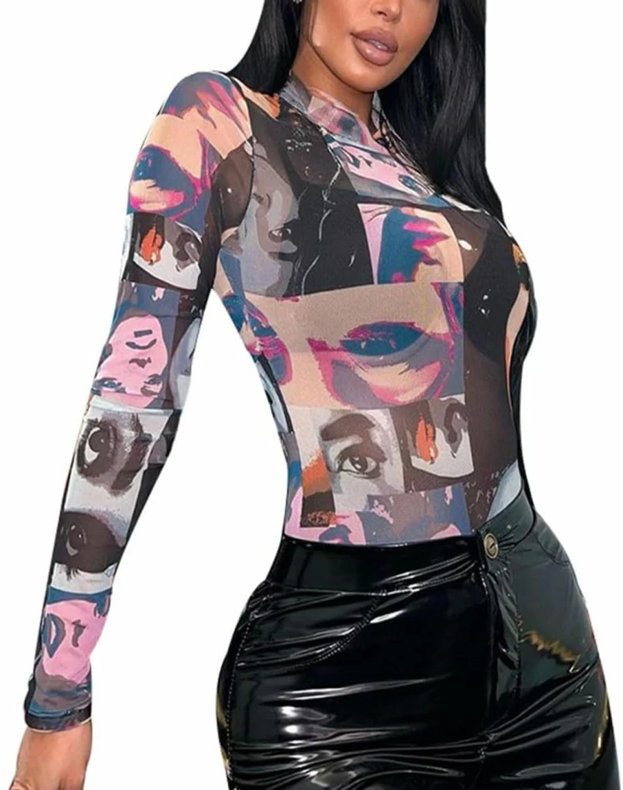 Pinwe Women's Slim Fit Long Sleeve Mesh Jumpsuit - Sheer Printed Beach Bodysuit, Stretchy One Piece Swimsuit Cover Up T-Shirt Tops