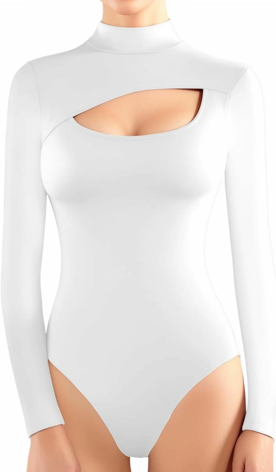 MANGOPOP Women's Mock Turtleneck Long Sleeve Bodysuit with Cutout Front Detail