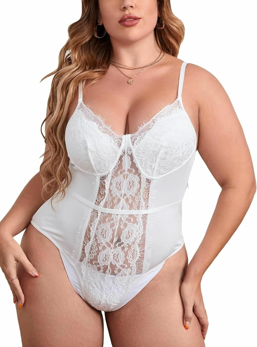 OYOANGLE Women's Plus Size Lace Mesh Bodysuit - Sleeveless Spaghetti Strap V-Neck Cami Jumpsuit for Casual Wear