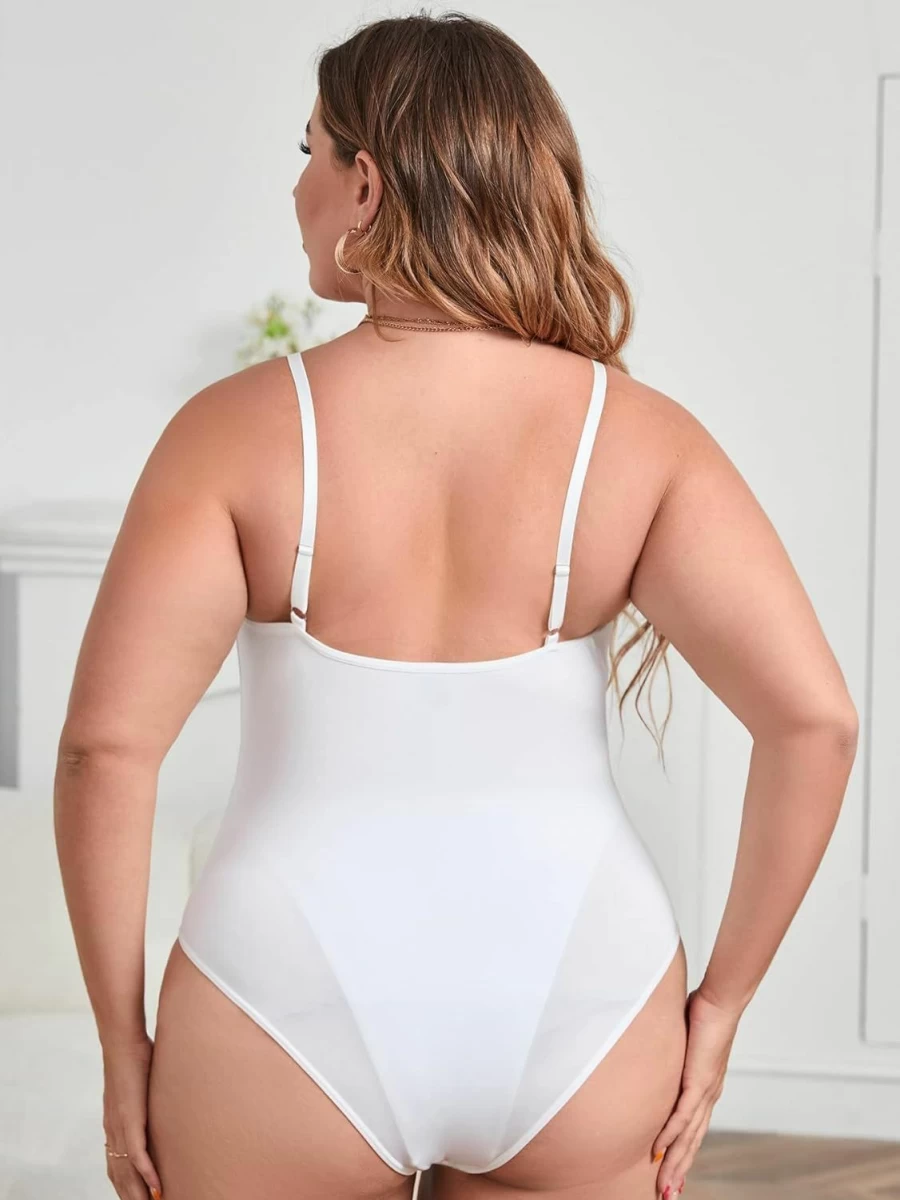 OYOANGLE Women's Plus Size Lace Mesh Bodysuit - Sleeveless Spaghetti Strap V-Neck Cami Jumpsuit for Casual Wear