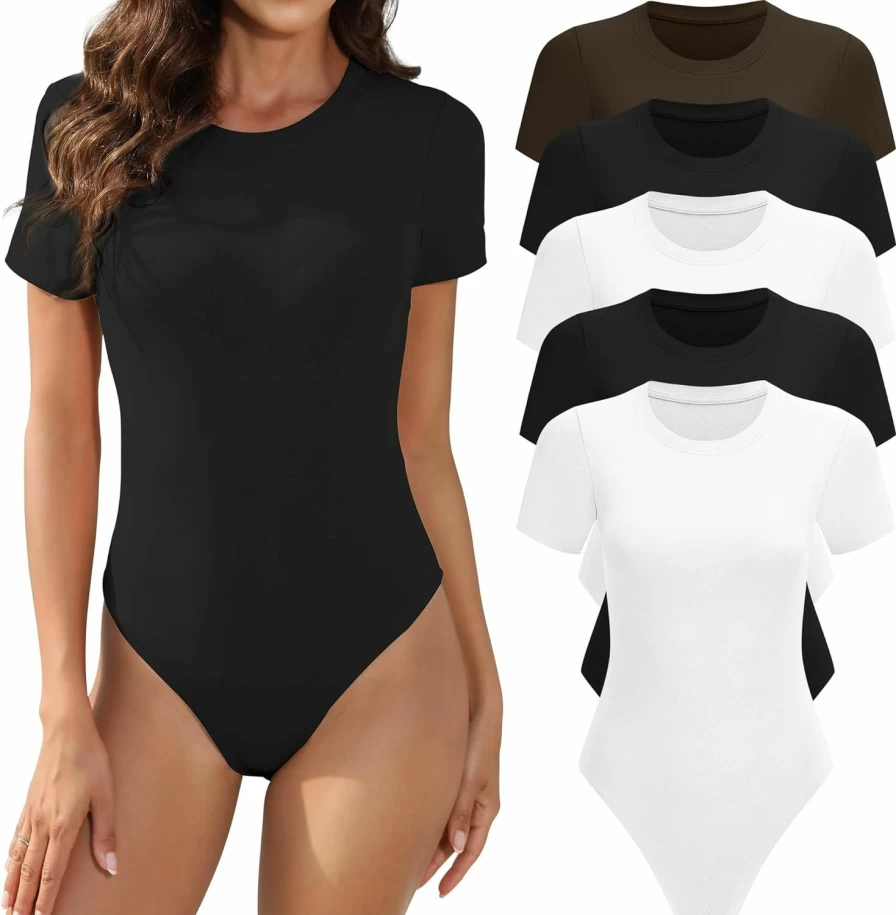 "MLYENX Women's 5 Pack Stretchy Casual T-Shirt Bodysuits - Short Sleeve Round Neck Basic Shirts"