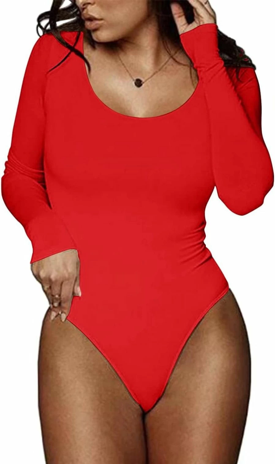 PALINDA Women's Stretchy Scoop Neck Long Sleeve Bodysuit - Basic T-Shirt Style Tops for Comfort & Fit