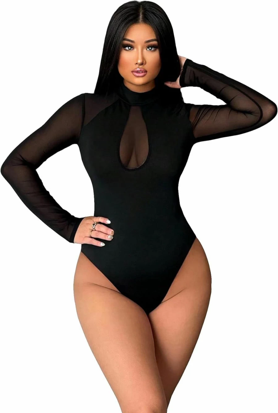 SweatyRocks Women's Sheer Mesh Mock Neck Bodysuit - Long Sleeve Clubwear Tops for Women