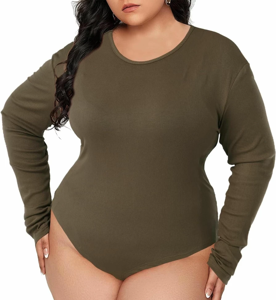 "Moon Wood Plus Size Women's Long Sleeve Crew Neck Bodysuit - Stretchy Comfort Tops for Curvy Figures"