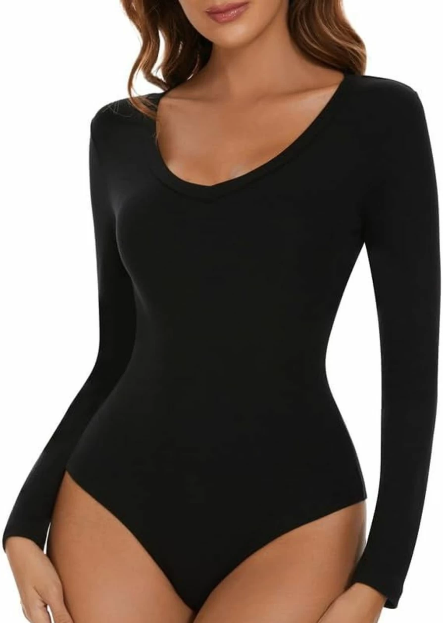 SHAPERIN Women's V-Neck Long Sleeve Bodysuit - Sexy Solid T-Shirt Top & Jumpsuit Leotard for Women