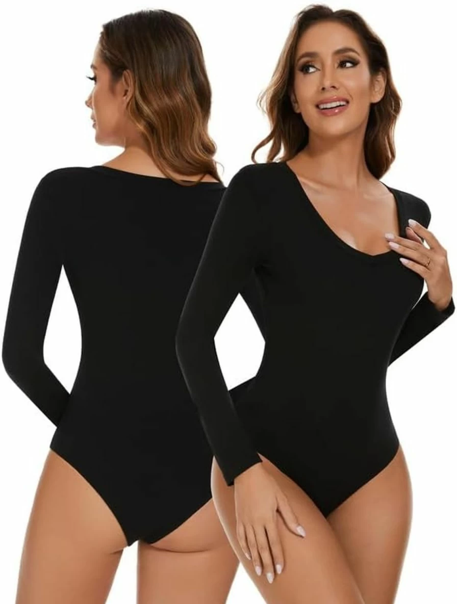 SHAPERIN Women's V-Neck Long Sleeve Bodysuit - Sexy Solid T-Shirt Top & Jumpsuit Leotard for Women