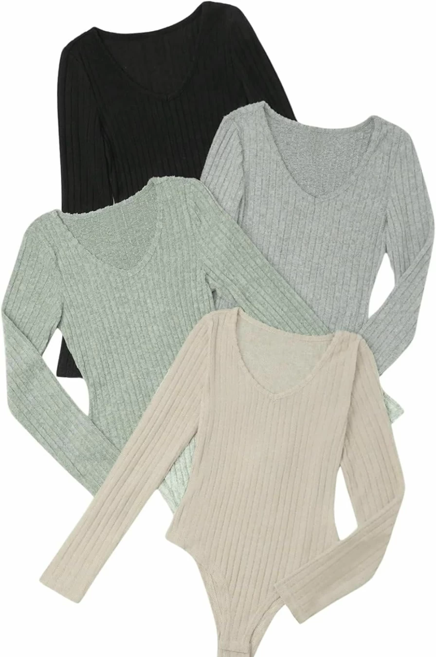 MakeMeChic Women's 4 Pack Slim Fit Ribbed Knit V-Neck Long Sleeve Bodysuit Tops Set