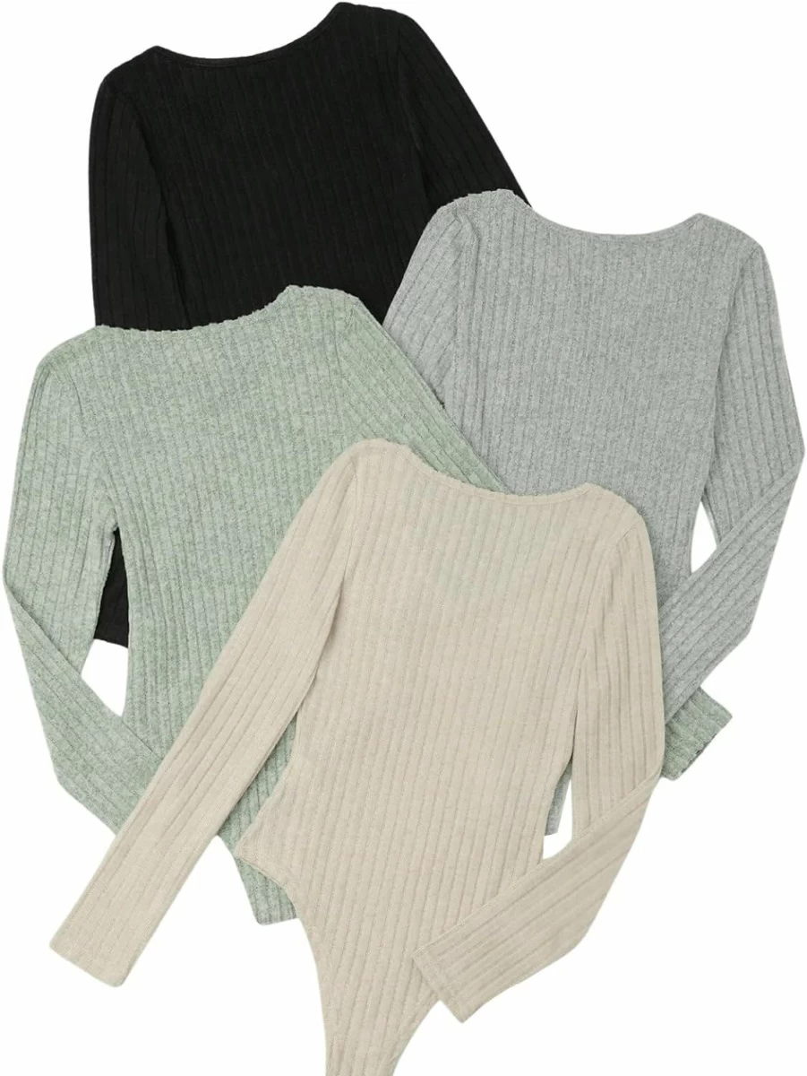 MakeMeChic Women's 4 Pack Slim Fit Ribbed Knit V-Neck Long Sleeve Bodysuit Tops Set