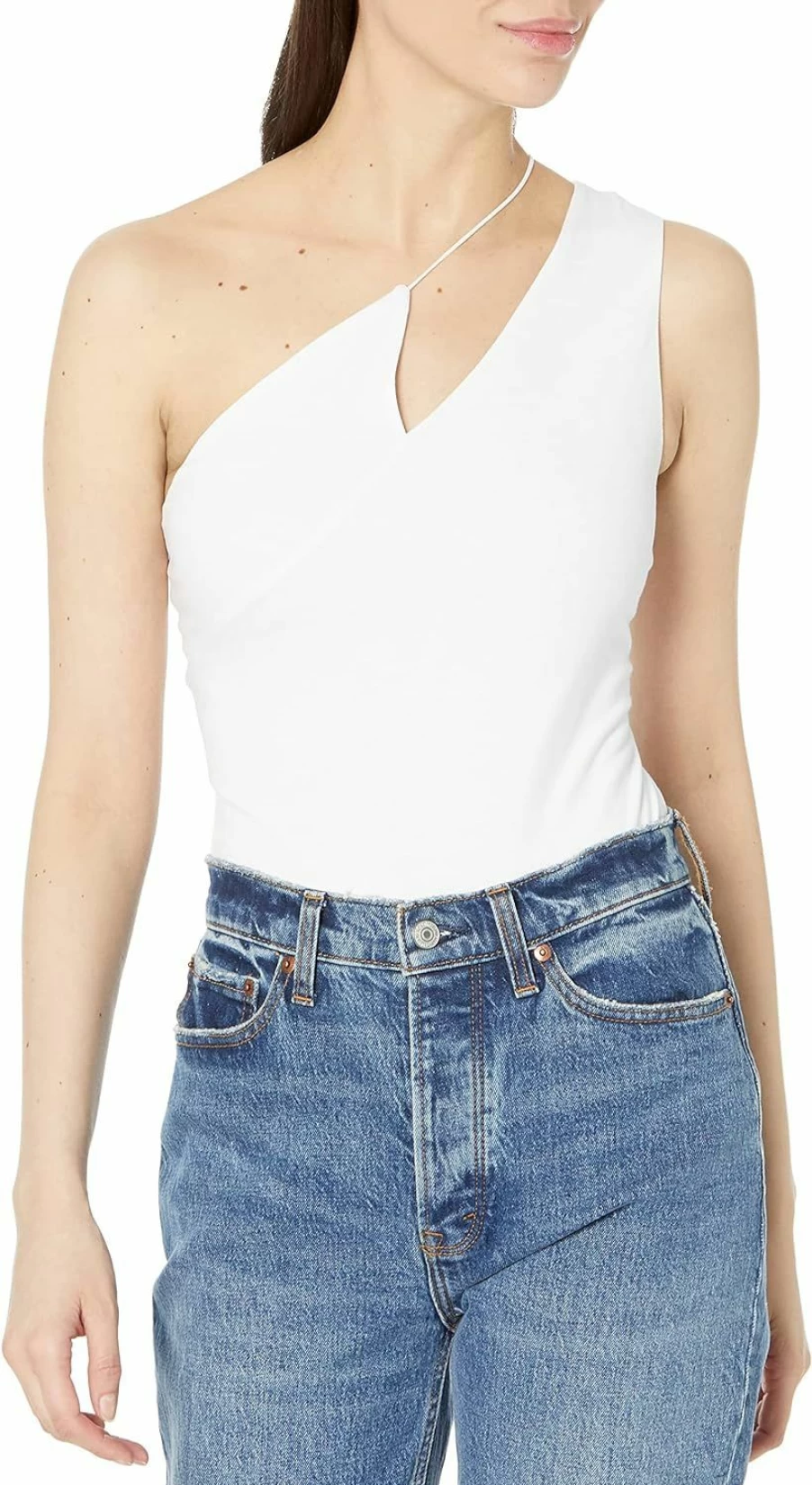 BCBGeneration Women's One Shoulder Asymmetric Bodysuit with Cutout Detail and Button Front