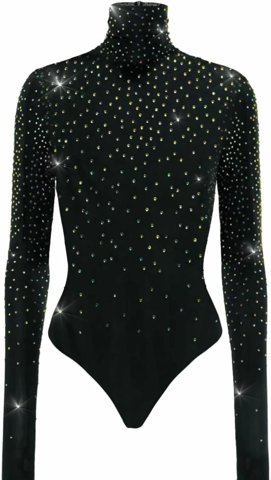 Modegal Women's Sparkly Rhinestone Bodysuit - Turtle Neck Long Sleeve Leotard Top with Back Zipper & Thumb Holes for Dance & Performance