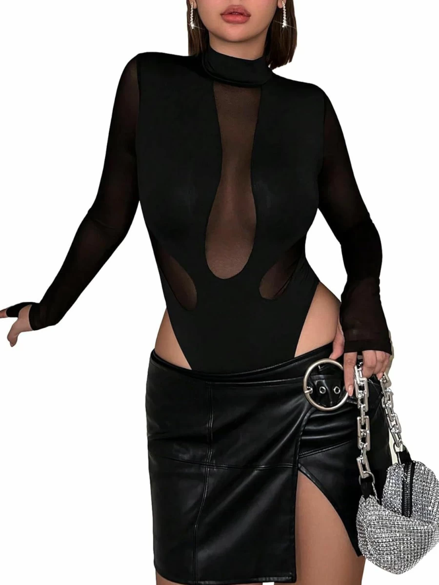 Floerns Women's Sheer Mesh Mock Neck Bodysuit Jumpsuit - Long Sleeve Contrast Trim Stretch Fitted Romper