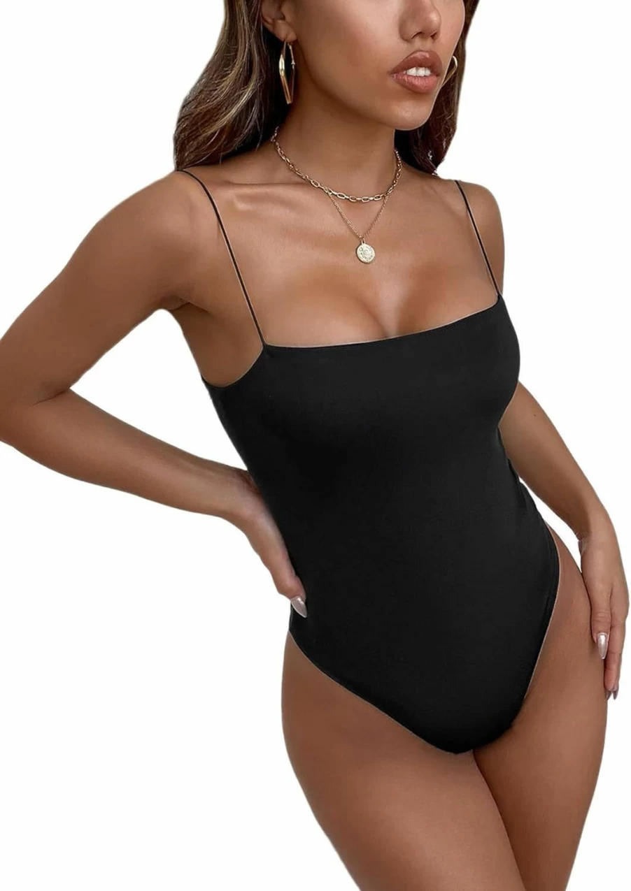 GORGLITTER Women's Sleeveless Strapless Bodysuit - Spaghetti Strap Leotard Top for Women - Stretchy Jumpsuit for Dance, Yoga, and Casual Wear