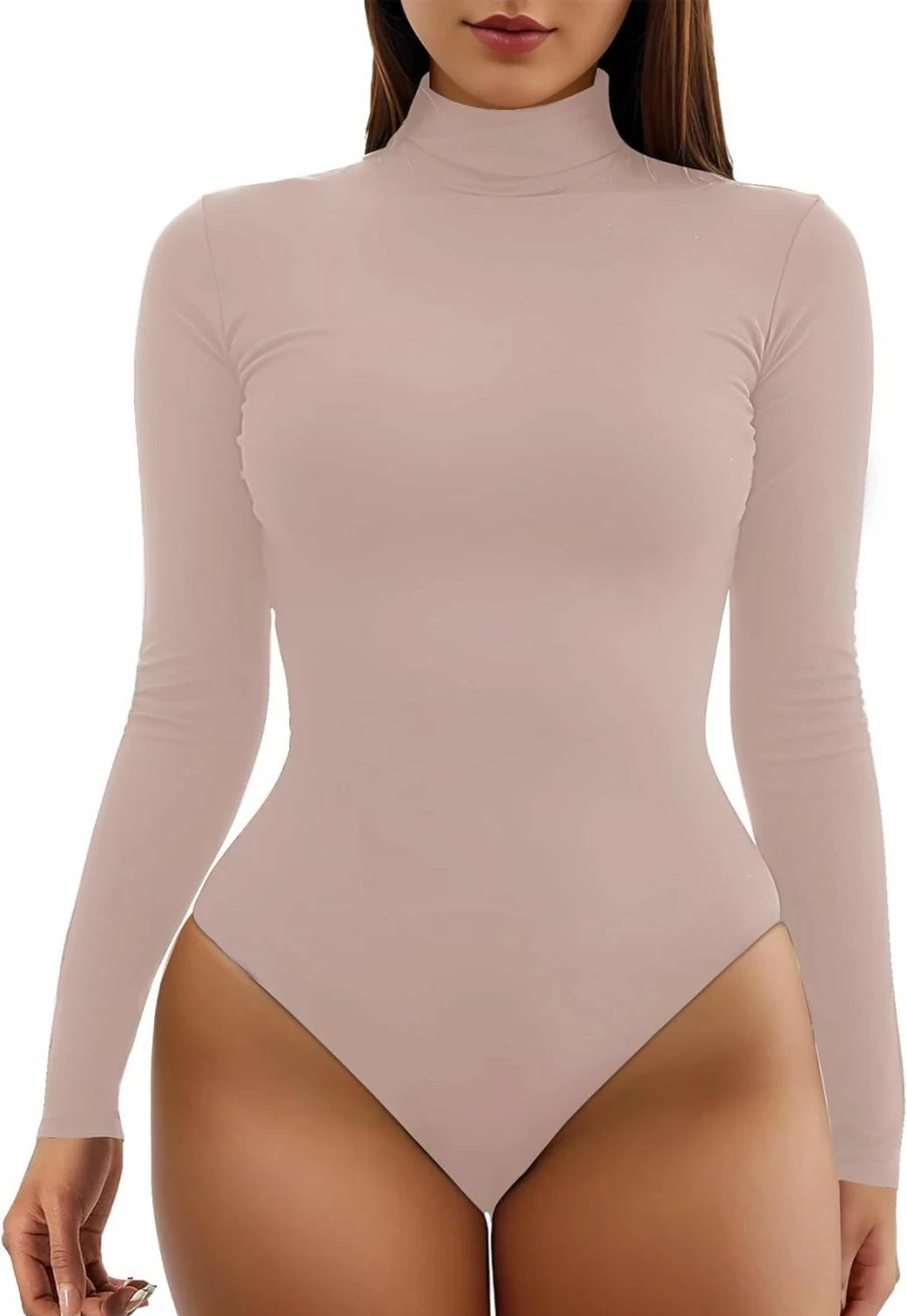 YOGINGO Women's Mock Neck Long Sleeve Bodysuit - Basic Stretch Jumpsuit for Going Out & Everyday Wear (XS-2XL)