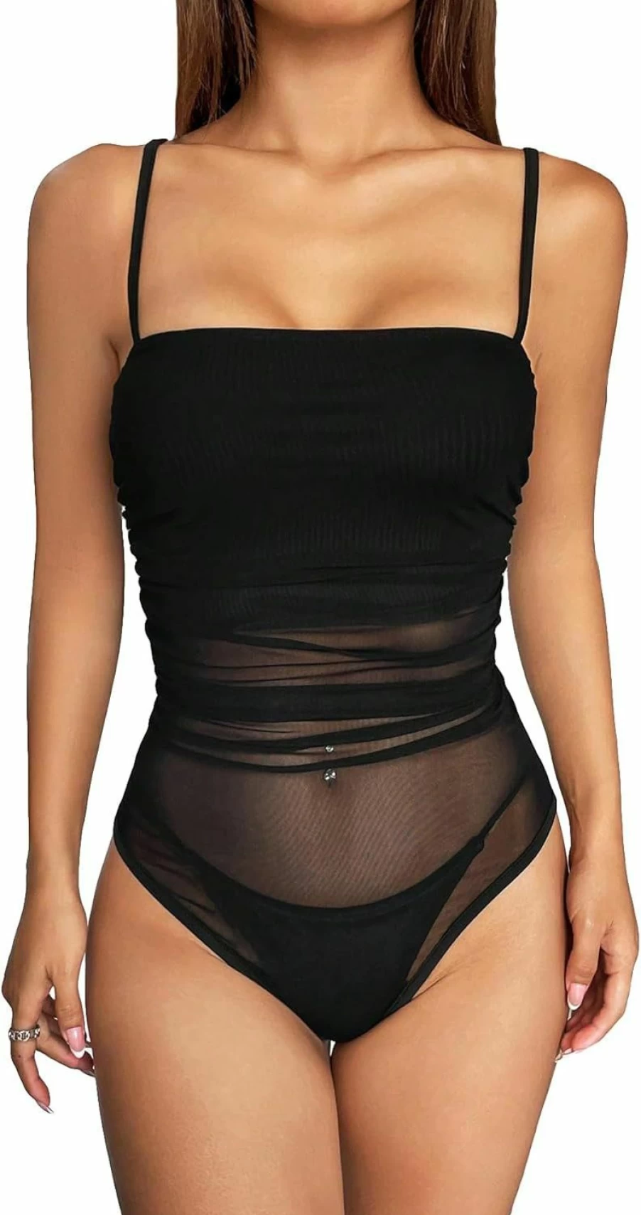 OYOANGLE Women's Sheer Mesh Bodysuit - Sleeveless Spaghetti Strap Ruched Cami Top Skinny Leotard