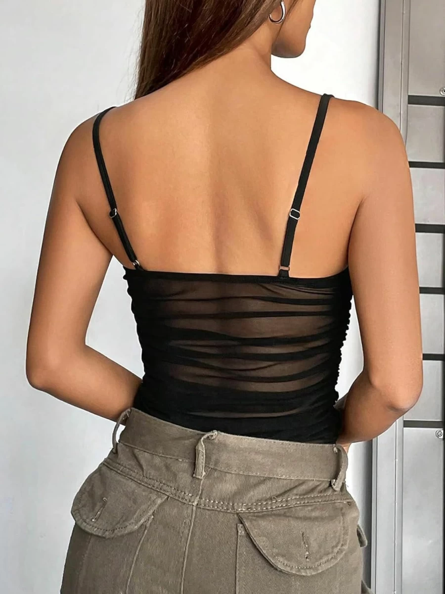 OYOANGLE Women's Sheer Mesh Bodysuit - Sleeveless Spaghetti Strap Ruched Cami Top Skinny Leotard