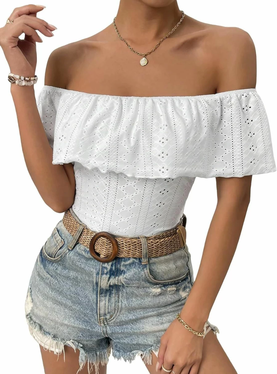 GORGLITTER Women's Off-Shoulder Ruffle Trim Embroidered Bodysuit Top - Short Sleeve Stretch Fit Summer Casual Outfit