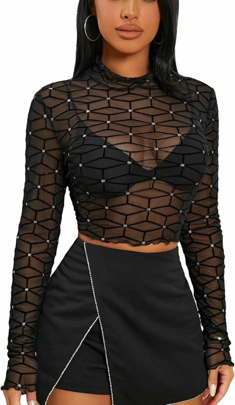 COZYEASE Women's Sexy Sheer Mesh Long Sleeve Bodycon Top - Slim Fitted Stretchable Casual Shirt