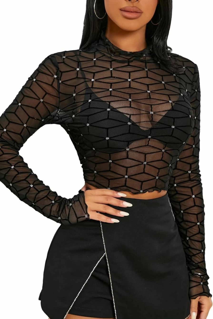 COZYEASE Women's Sexy Sheer Mesh Long Sleeve Bodycon Top - Slim Fitted Stretchable Casual Shirt