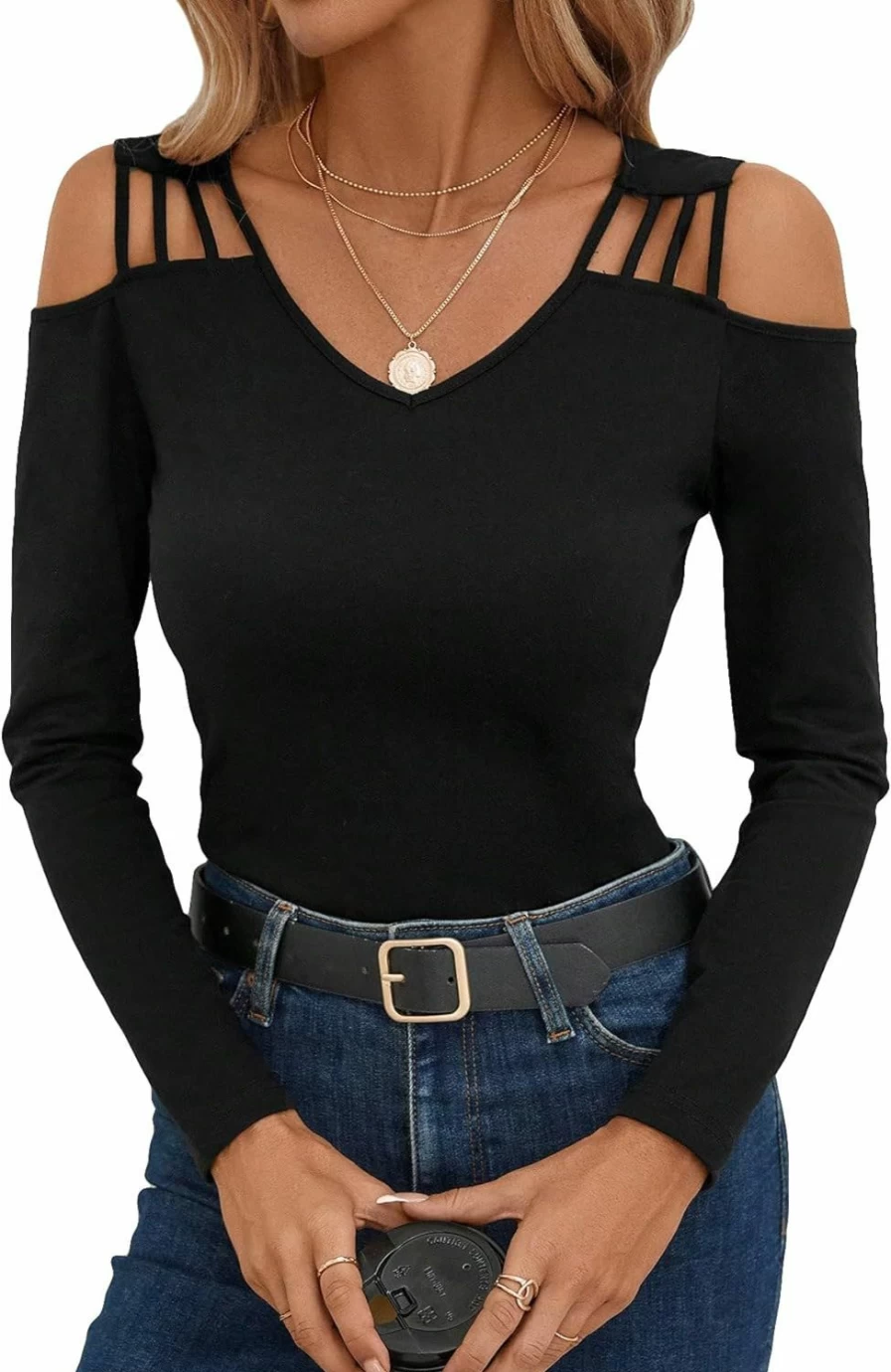 WDIRARA Women's V-Neck Long Sleeve Bodysuit - Cold Shoulder Cut Out Solid Top
