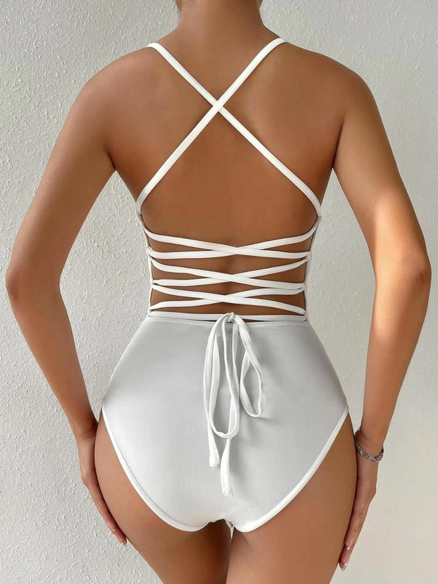 GORGLITTER Women's White Rhinestone Lace-Up Cami Bodysuit - Backless Criss Cross Sleeveless Leotard Small