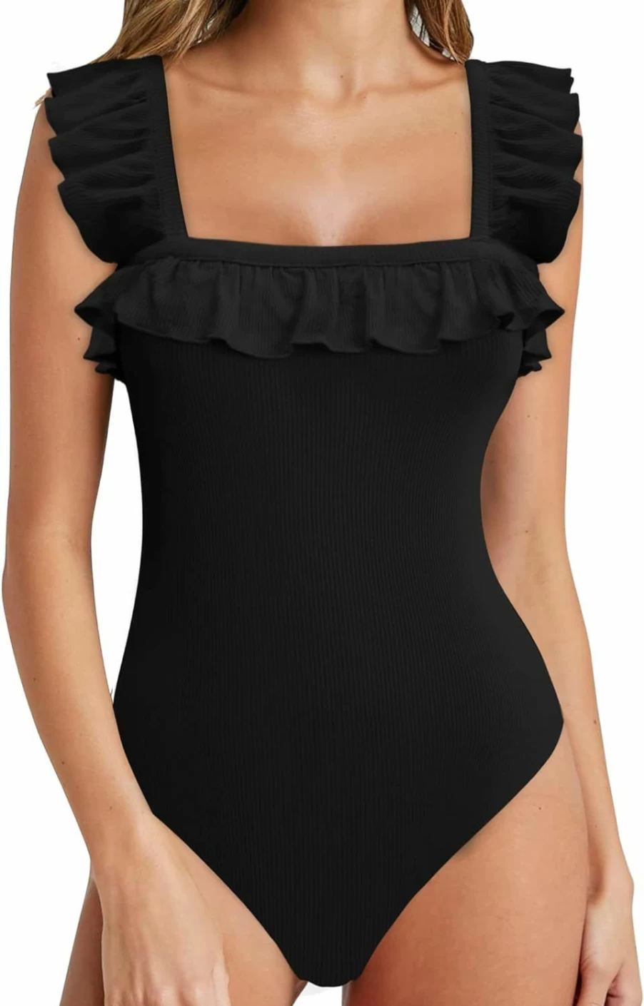 MANGOPOP Women's Off Shoulder Ruffle Sleeve Jumpsuit - Sleeveless Square Neck Bodysuit Tank Top