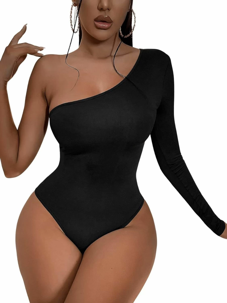 Verdusa Women's One Shoulder Long Sleeve Solid Bodysuit - Stretchy Bodycon Leotard for Dance & Fitness