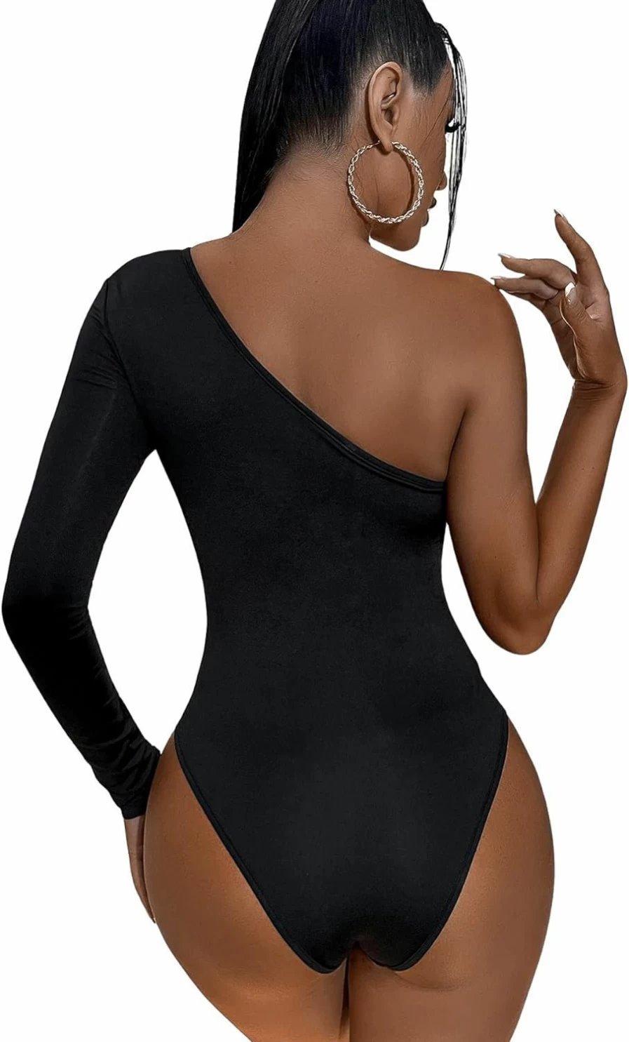 Verdusa Women's One Shoulder Long Sleeve Solid Bodysuit - Stretchy Bodycon Leotard for Dance & Fitness
