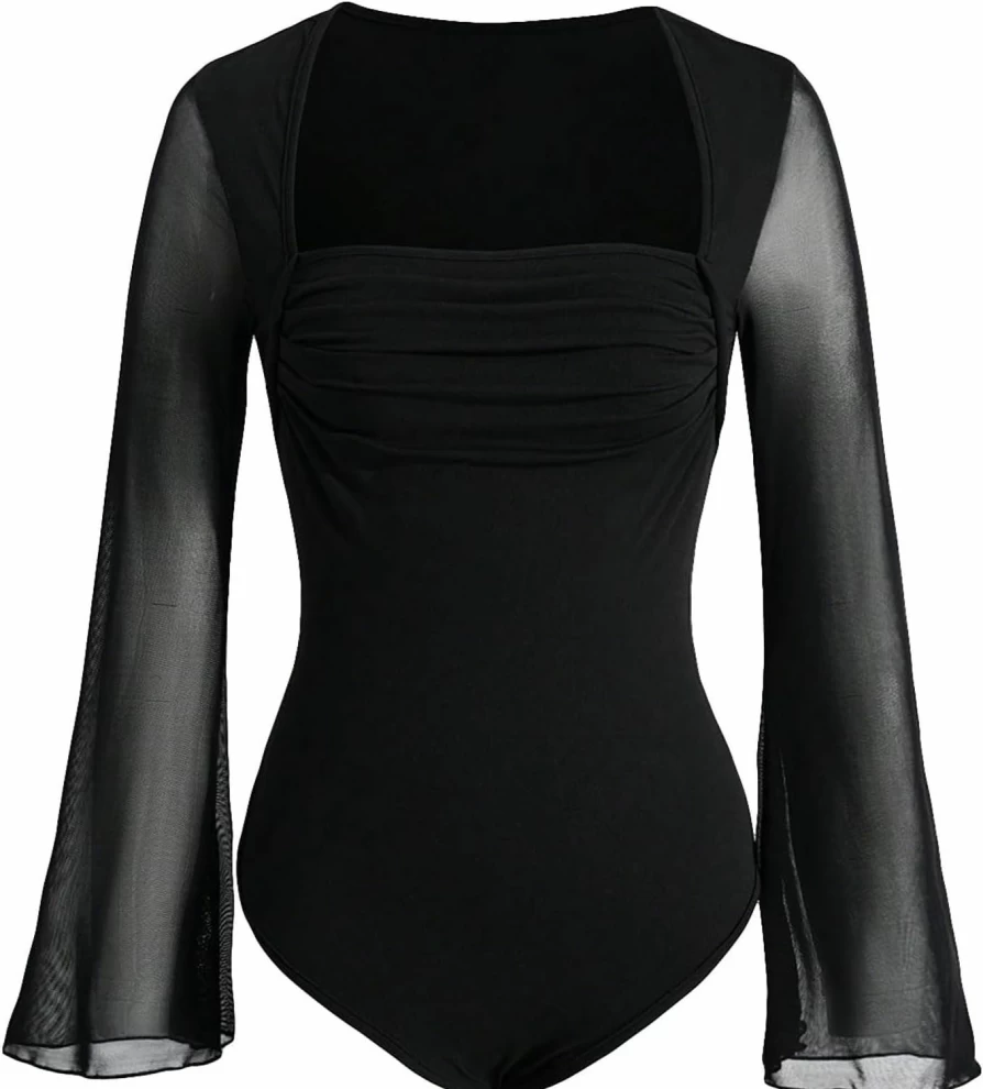 Milumia Women's Sexy Square Neck Bustier Top Long Sleeve Sheer Mesh Ruched Bodysuit Blouse
