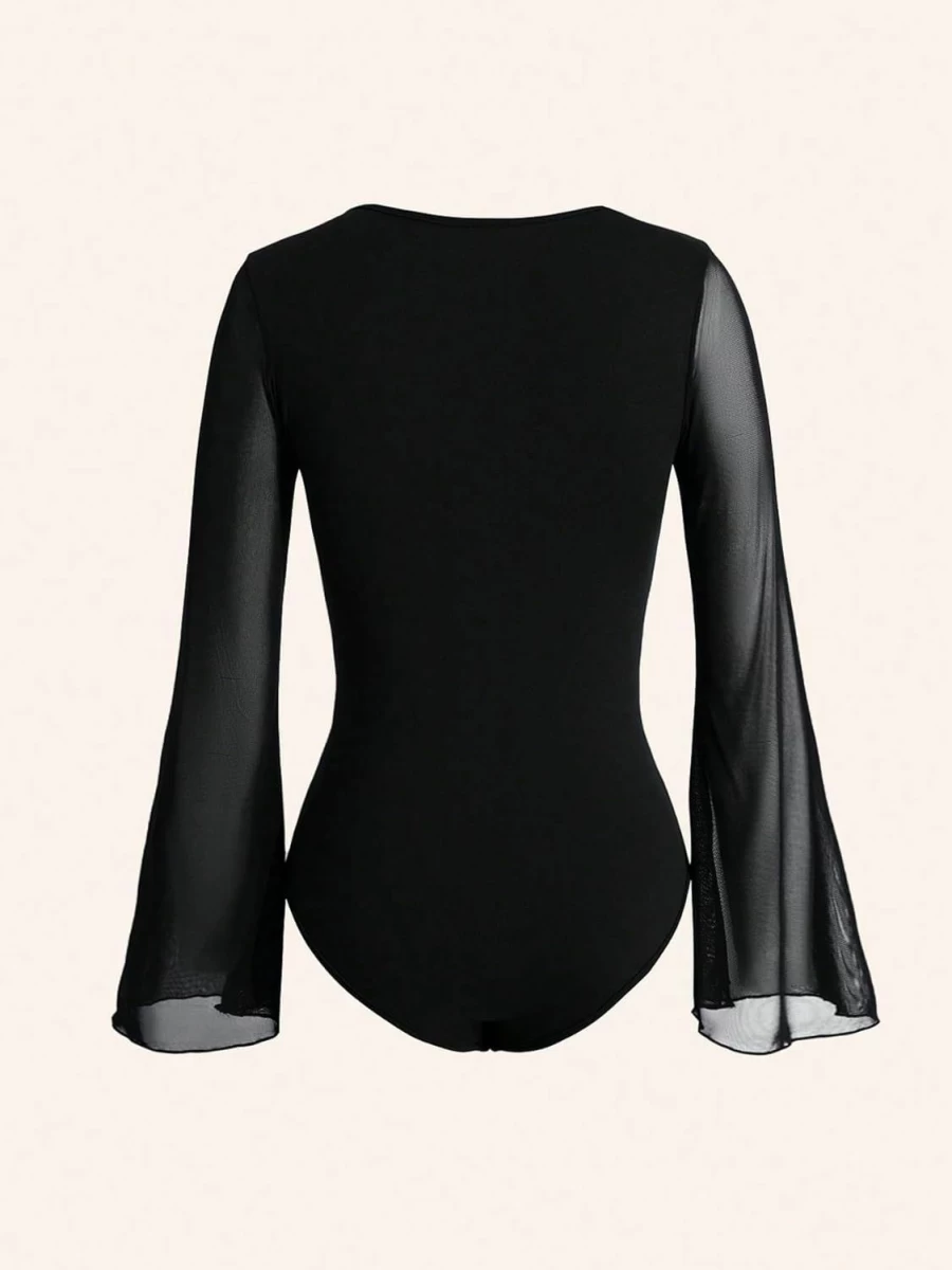 Milumia Women's Sexy Square Neck Bustier Top Long Sleeve Sheer Mesh Ruched Bodysuit Blouse