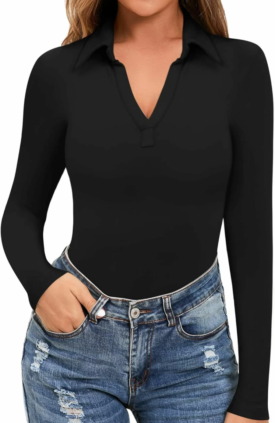 MANGOPOP Women's V-Neck Collared Bodysuit - Long Sleeve & Short Sleeve Tops for Work or Going Out