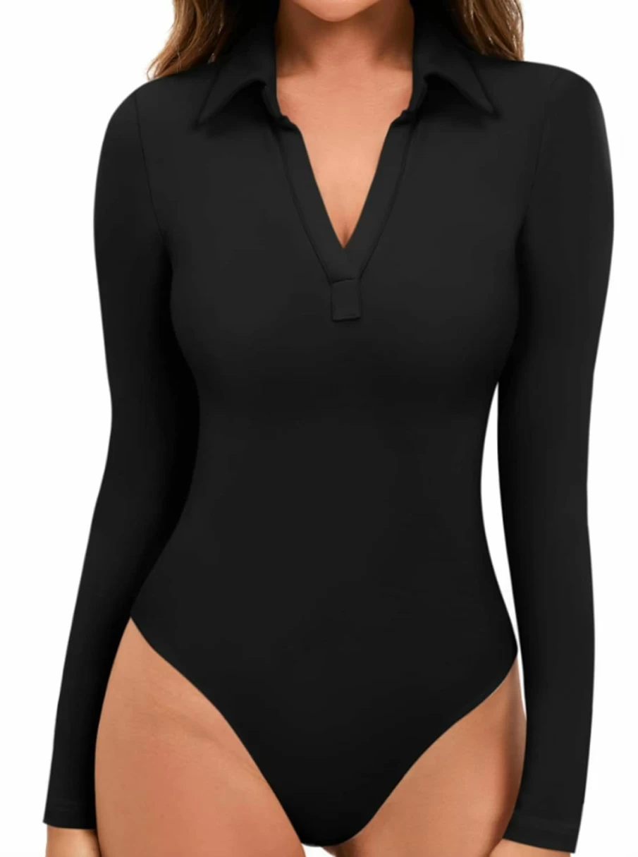 MANGOPOP Women's V-Neck Collared Bodysuit - Long Sleeve & Short Sleeve Tops for Work or Going Out