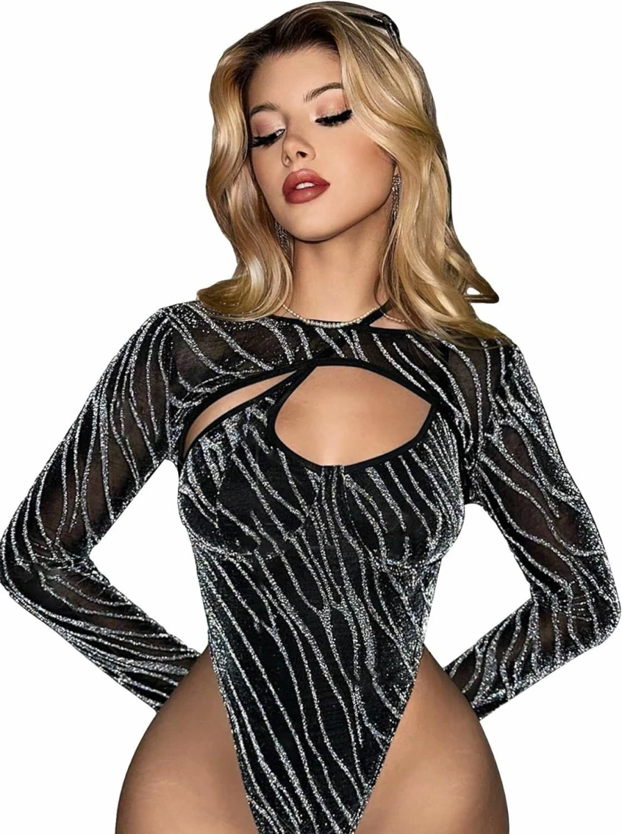 OYOANGLE Women's Glitter Mesh Bodysuit - Asymmetrical Neck, Slim Fit, Long Sleeve Graphic Top