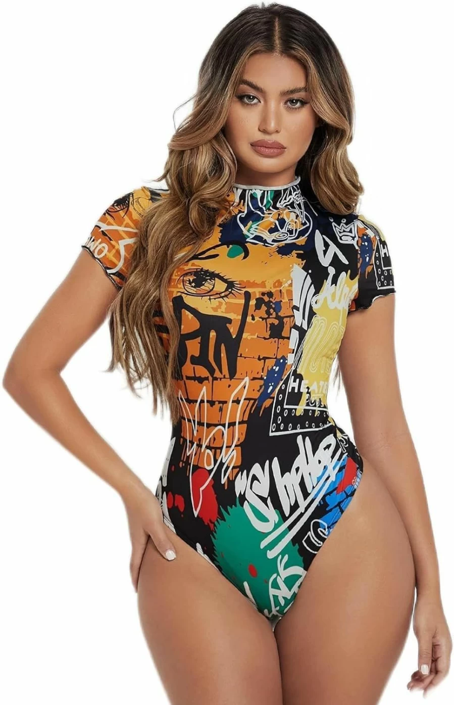 GORGLITTER Women's Letter Print Long Sleeve Bodysuit - Graffiti Ribbed Knit Thong Leotard Tops