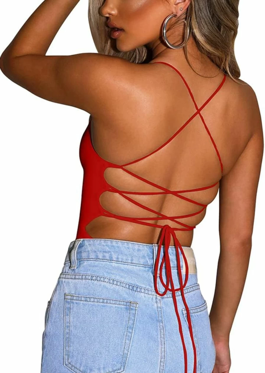 YMDUCH Women's Sexy Sleeveless Criss Cross Backless Cami Bodysuit - Stretchy Bodycon Top for Women