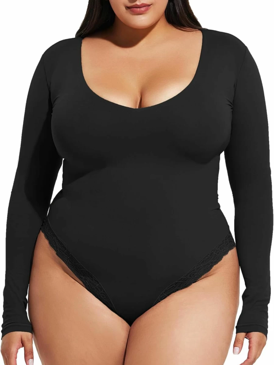 "Sveltors Plus Size Deep V Neck Long Sleeve Bodysuit for Women - Stretchy Sexy Tops & Basic Shirts"